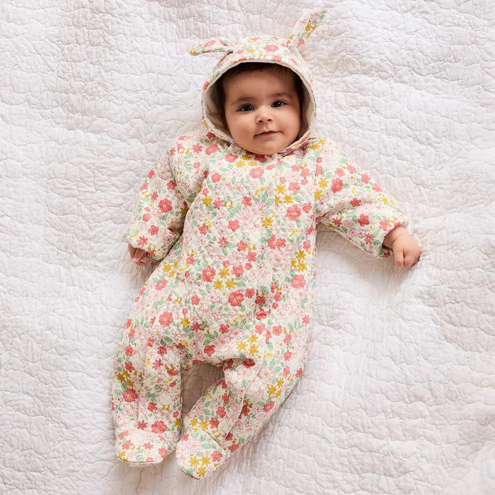 Minicuddles- Baby Girls Floral Printed Hooded Pram Suit Multicolour- Baby at the bank