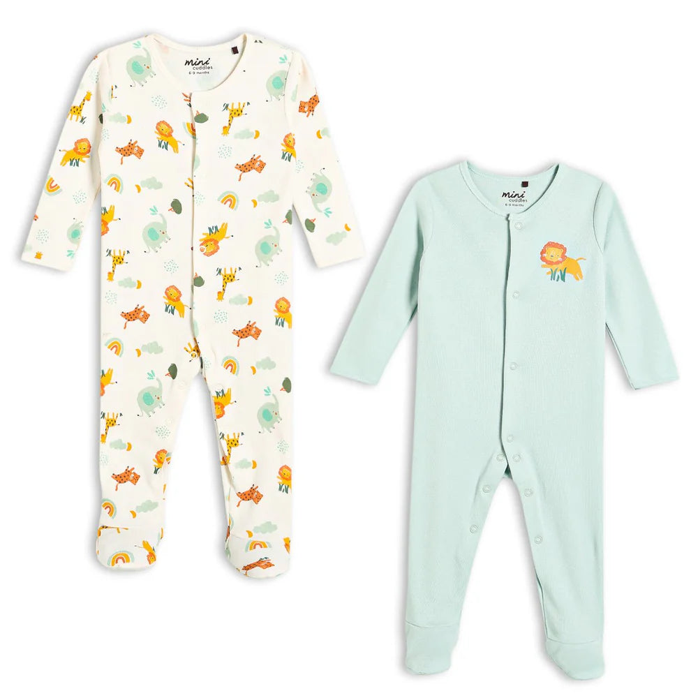 Minicuddles- Baby Unisex 2pk Animal Printed Sleepsuits Multicolour- Baby at the bank