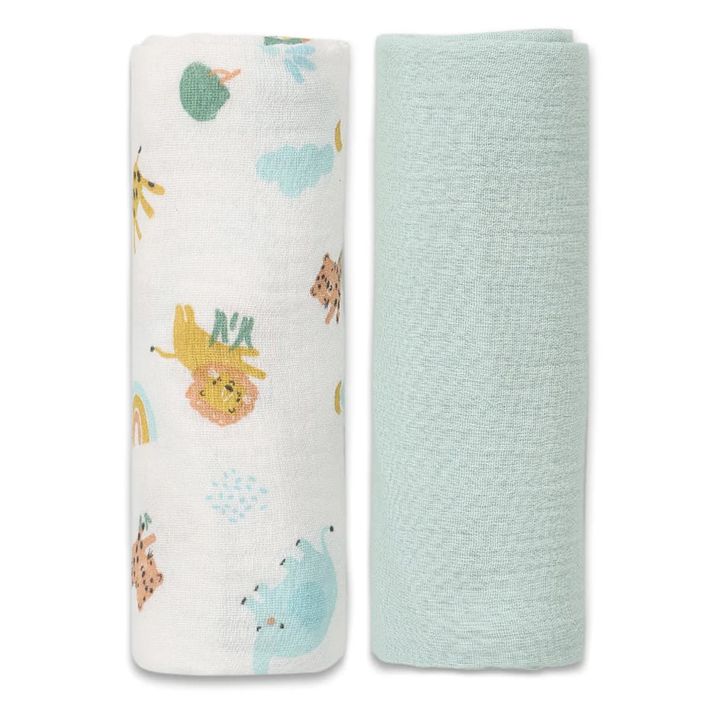 Baby Unisex 2pk Solid & Animal Printed Muslins, Multicolour- Baby at the bank