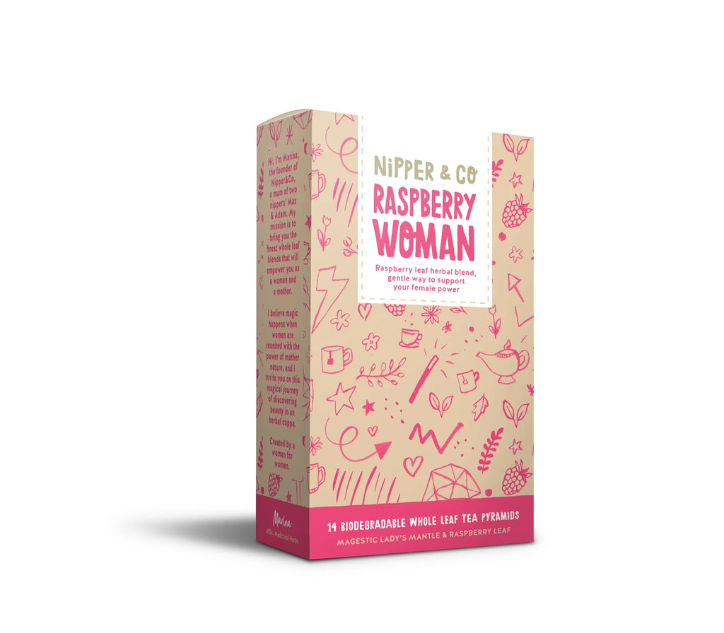 Nipper & Co.- Raspberry Woman, Red Raspberry Leaf Tea for Last Stages of Pregnancy, Preconception and PMS- Baby at the bank
