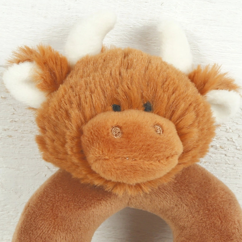 Jomanda - Scottish Highland Brown Cow Baby Plush Soft Toy Rattle 10cm- Baby at the bank