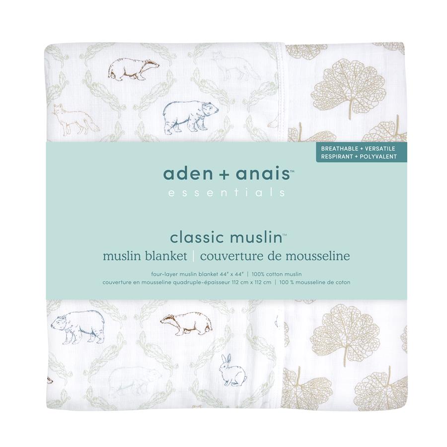 Aden & Anais- Harmony Forest Folk Muslin Blanklet- Baby at the bank