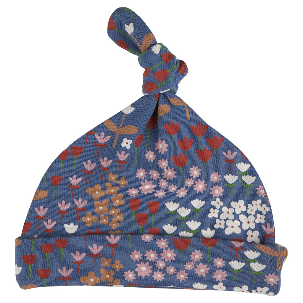 Pigeon Organics- Knotted Hat- Meadow Night Blue- Baby at the bank