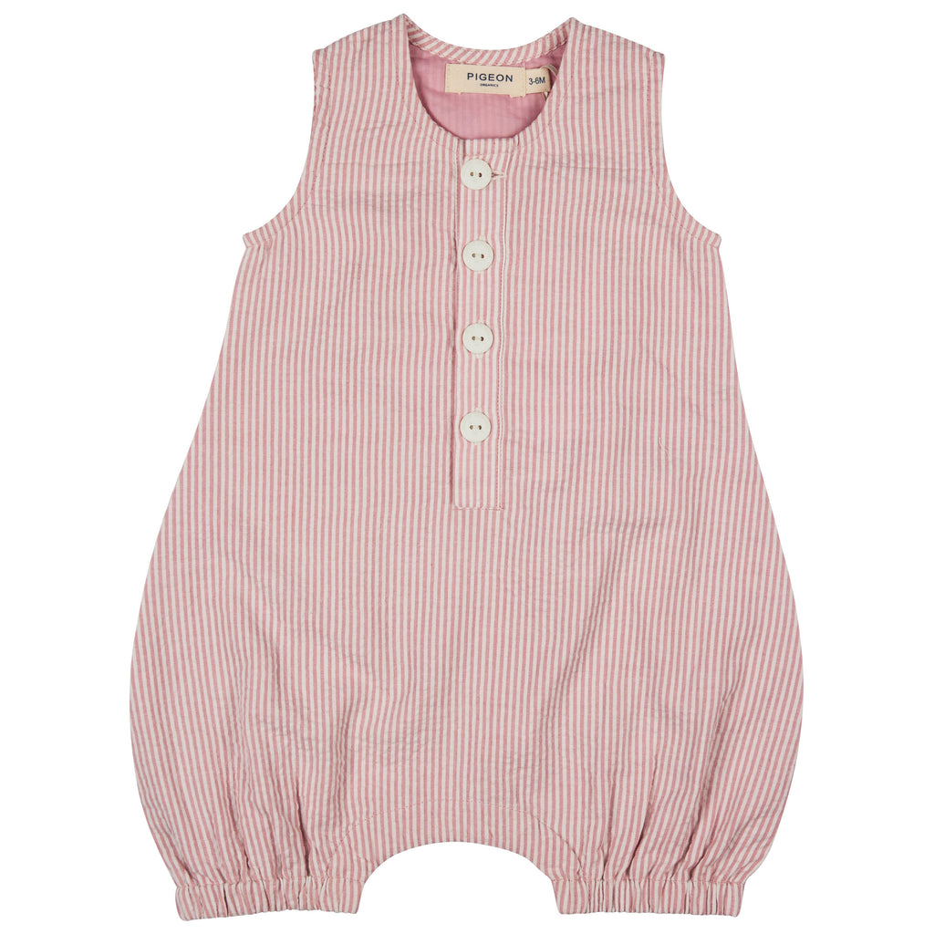 Pigeon Organics- Baby All In One Seersucker Pink Stripe- Baby at the bank