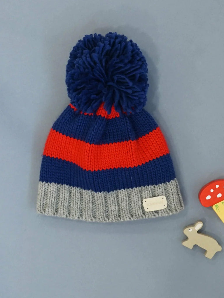 Blade and Rose- Red and Blue Striped Bobble Hat- Baby at the bank