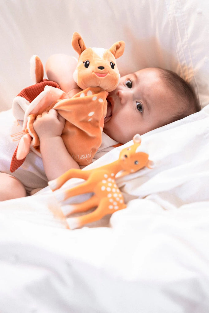 Sophie la Girafe- FanFan the Fawn Comforter- baby at the bank