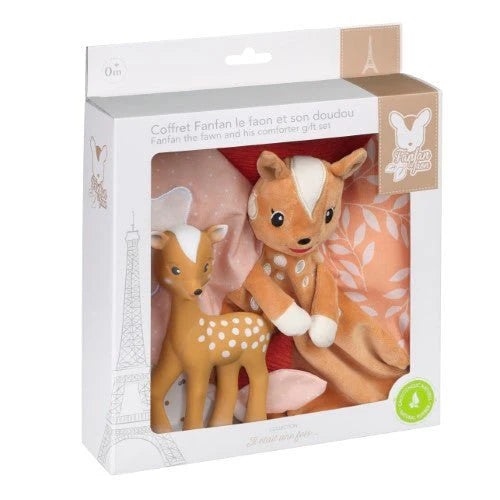 Sophie la Girafe- FanFan the Fawn Teether & Comforter Gift Set- Baby at the bank
