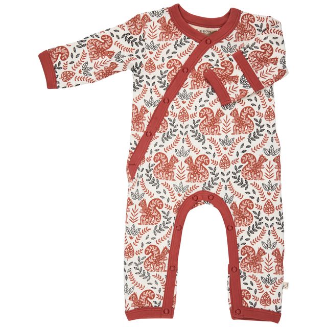 Pigeon Organics- Kimono Romper Squirrel- baby at the bank