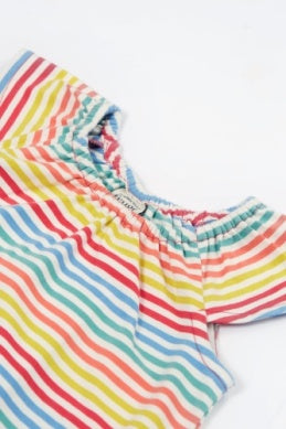 Frugi- Dory Playsuit Cornflower Rainbow Stripe- Baby at the bank