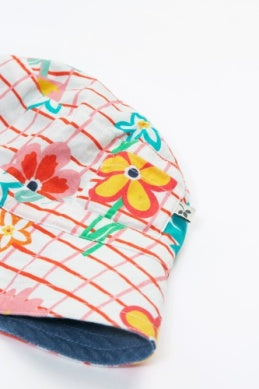 Frugi- Hattie Reversible Hat Paint A Floral/ Denim- Baby at the bank