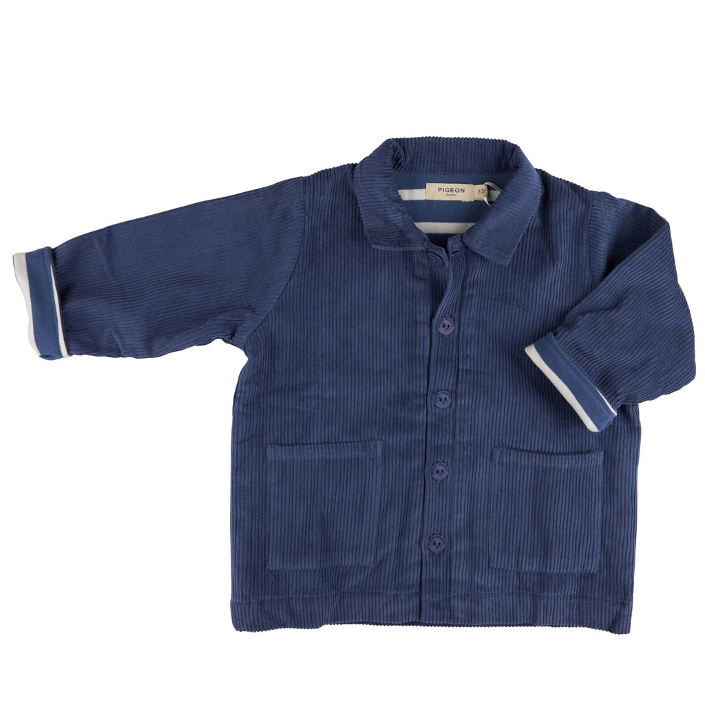 Pigeon Organics- Lined Utility Jacket- Night Blue- Baby at the bank