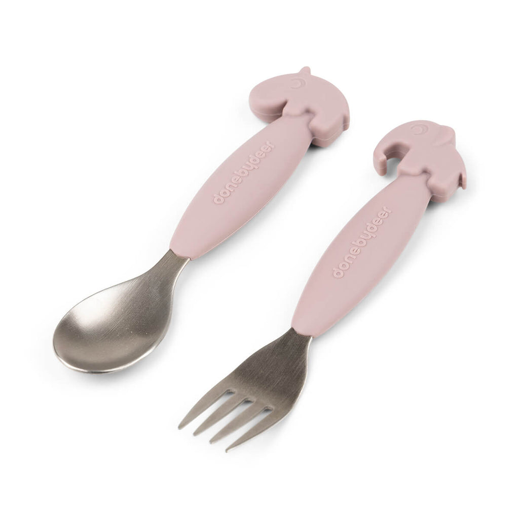 Done By Deer- Easy Grip Spoon and Fork Set Deer Freinds Powder- Baby at the bank