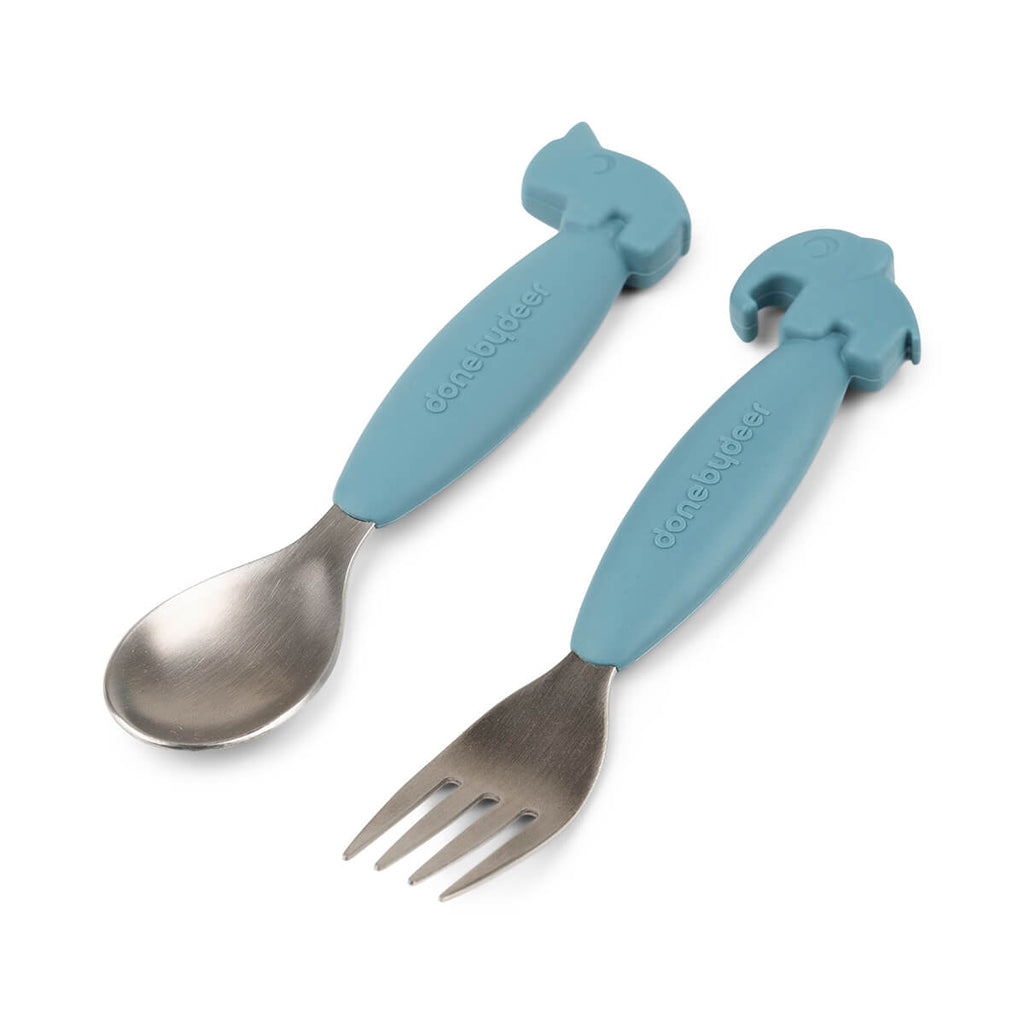 Done By Deer- Easy Grip Spoon and Fork Set Deer Freinds Blue- Baby at the bank