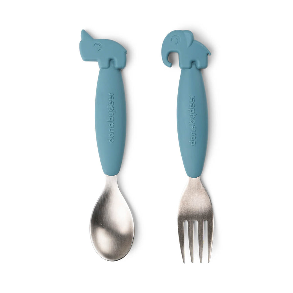 Done By Deer- Easy Grip Spoon and Fork Set Deer Freinds Blue- Baby at the bank