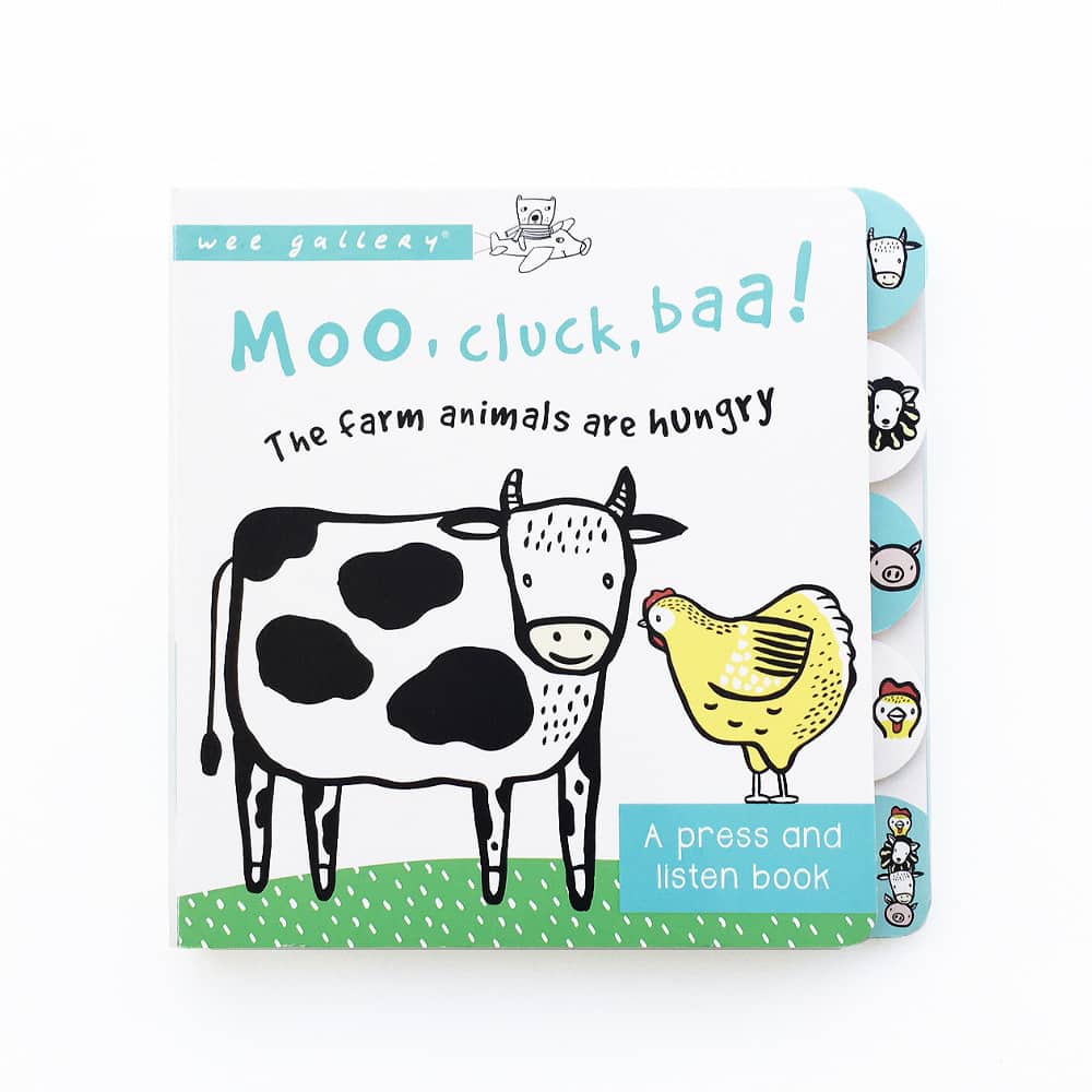 wee gallery-moo cluck baa sound book- baby at the bank